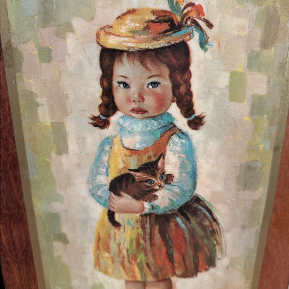 Mid Century Medeiros Girl with Cat and Boy with Dog Big Eye Wall Art - Picture 7 of 13